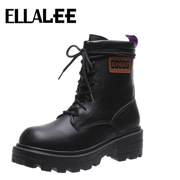 

chunky motorcycle boots women lace-up cool fashionable middle heel round toe microfiber upper black grey martin boots 1026
