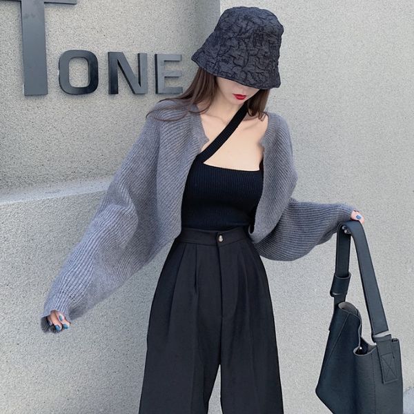

autumn 2020 new loose knitted jacket straight tube trousers + neck strap three piece fashion suit for women