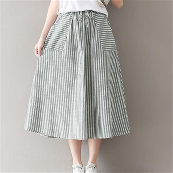 

women skirts summer womens saia midi skirt with pockets japan mori girl stripe cotton and linen vintage long skirts dv993, Black