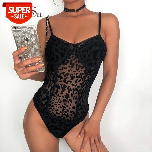 

artsu leopard mesh bodysuit women skinny bodycon short jumpsuits ladies plaid transparent body suit autumn ju52027 #pl1t, Black;white