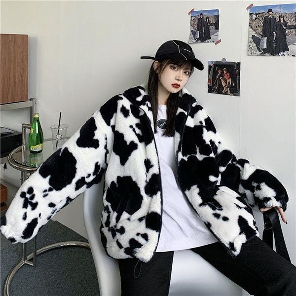 

2020 cow pattern winter cotton-padded coat parka hip hop jacket for women fleece warm outwear windbreaker streetwear harajuku1, Black