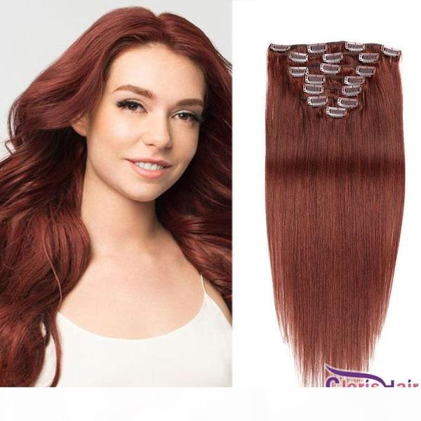

fashion dark auburn 100% human hair extensions clip ins #33 raw indian remy silky straight clip in on weave for black women 70g 100g set, Black;brown