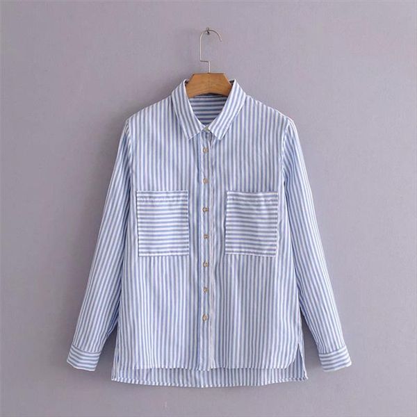 

2020 summer fashion new blue and white striped long sleeved ladies were thin and versatile shirt 1027