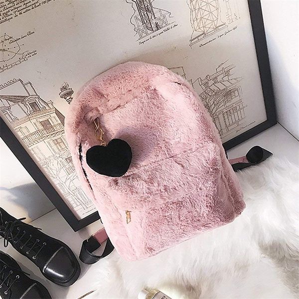 

women soft faux fur plush backpack shoulder bag fluffy school bag with heart pendant (pink