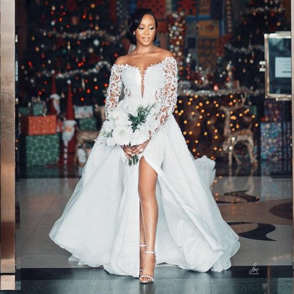 

aso ebi plus size african wedding dresses high slit applique lace church garden wedding dress 2021 long sleeve beaded bridal gown, White