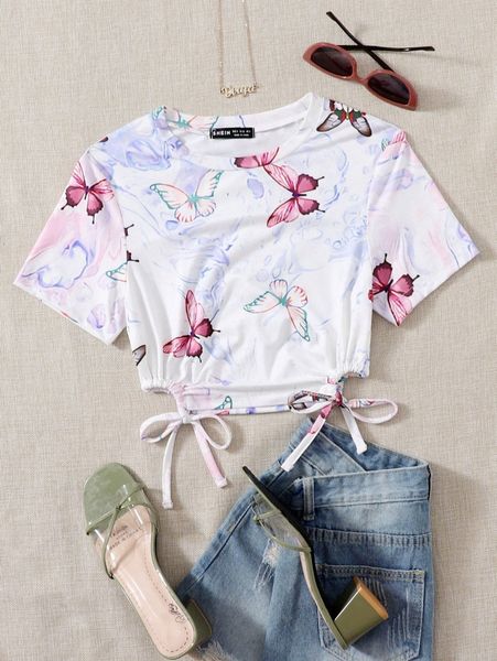

butterfly print tie side tee i9yn#, White