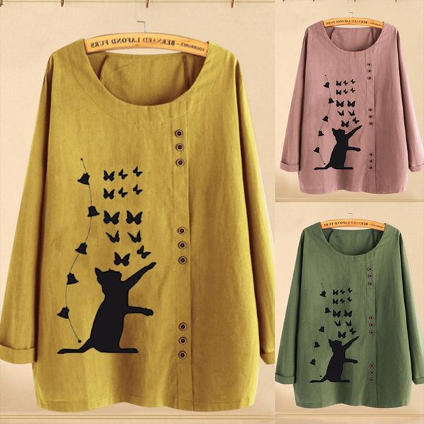 

plus size women long sleeves cotton linen o neck cat print button blouse 2020 autumn winter women girls oversize, White
