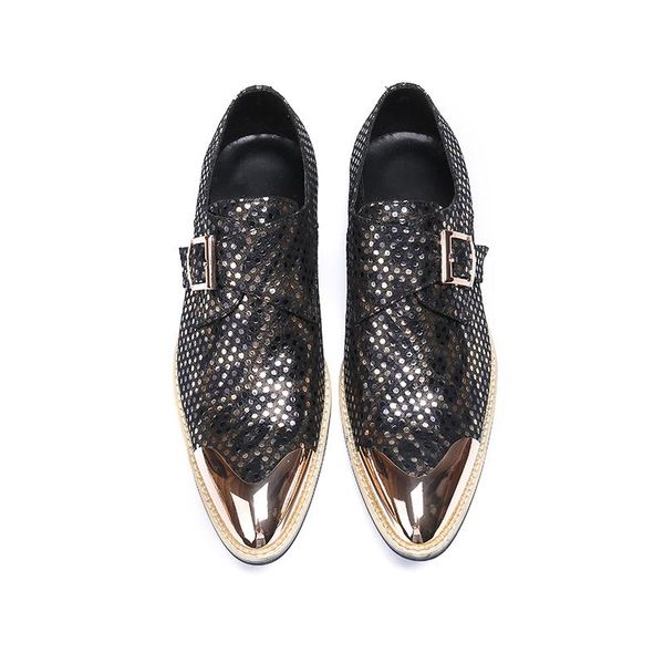 

men shoes casual genuine leather formal dress buckle shoes bright surface pointed toe hole wedding summer, Black