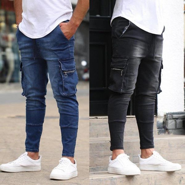 

men's jeans men zipper tooling multi-pocket fashion biker denim trousers hip-hop street blue locomotive cowboy clothing male