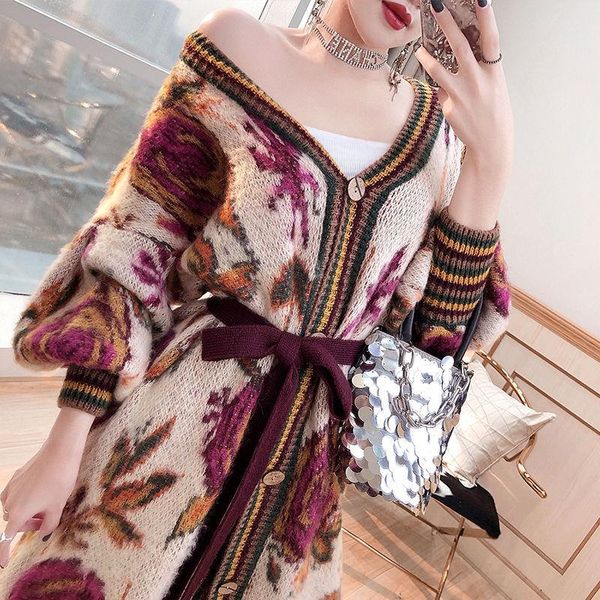 

autumn winter casual long cardigans women vintage patterns knitting belted long sleeve sweater cardigans wool outerwear, White