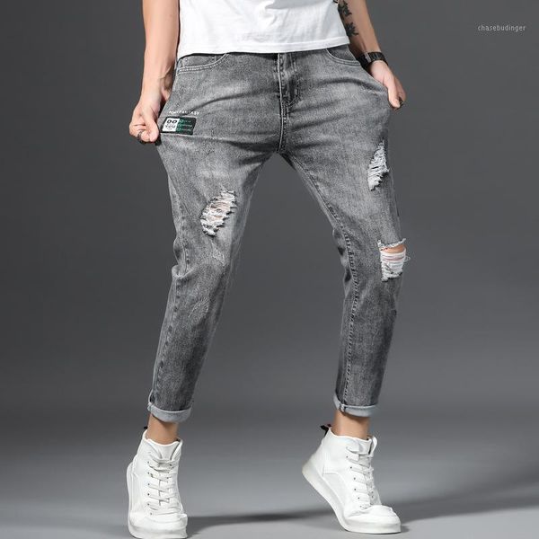 

summer 2021 new men's stretch ankle length jeans fashion trend street casual men's ripped teenagers cowboy pencil pants1, Blue