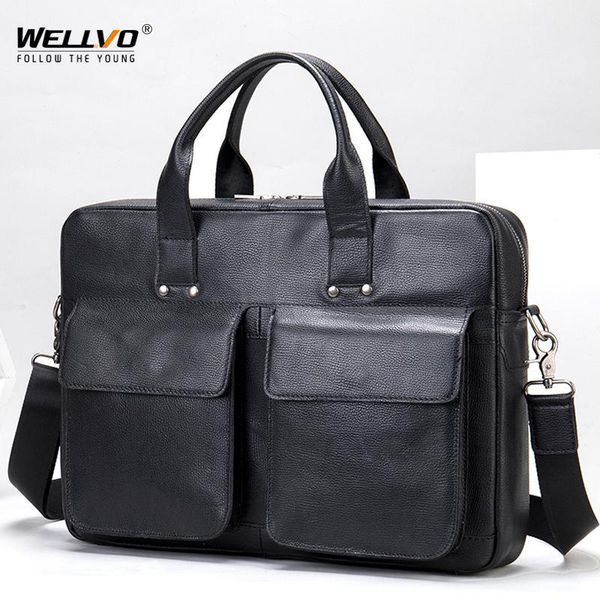 

men luxury genuine leather briefcase male 15.6 inch lapbags business handbags document satchel bag vintage black bag xa746zc