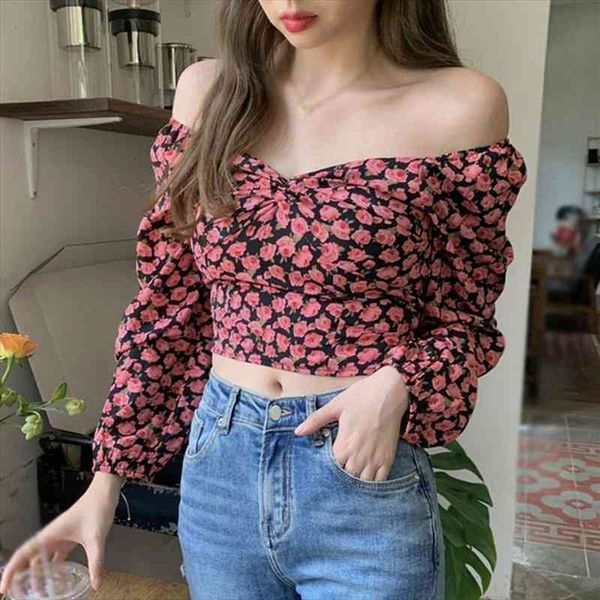 

chiffon shirts women sweet wild floral print off shoulder blouses slash neck long sleeves shirts, White
