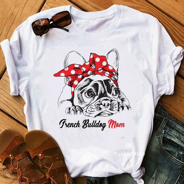 

vintage french bulldog mom print white t shirt women dog lover tee shirt femme summer female t-shirt camisetas mujer tshirts