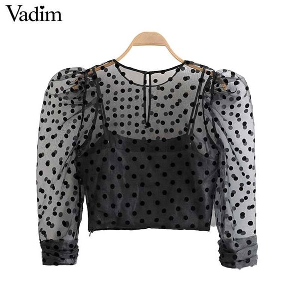 

vadim women fashion organza polka dots blouse puff sleeve see through shirt female casual stylish chic crop blusas lb645 y200422, White