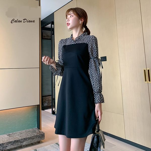 

autumn 2020 new style small fragrance french style long sleeve dress dress women show thin waist skirt fashion skirt 3f09t, Black;gray