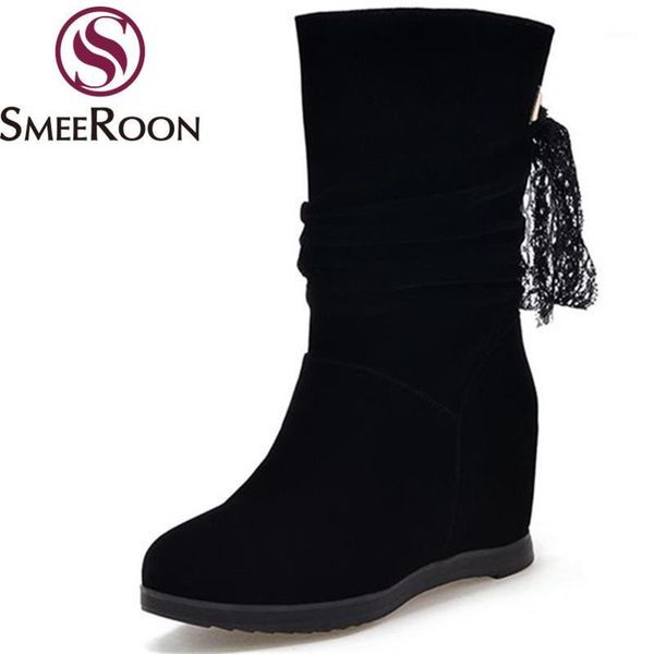 

smeeroon new arrive riband mid calf boots round toe slip on ladies boots fashion warm winter med heels women's shoes1, Black