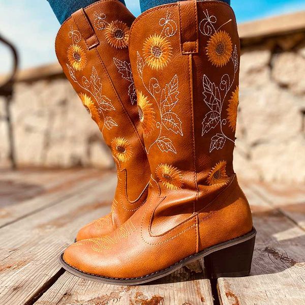

women mid-calf boots low heels autumn vintage pu leather plus size embroidery shoes gladiator bootieswoman zapatos mujer 36-43, Black