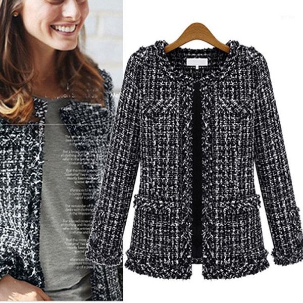 

autumn winter tweed coat fashion women's small fragrance long sleeve wool coat vintage cardigan short black woolen jacket1