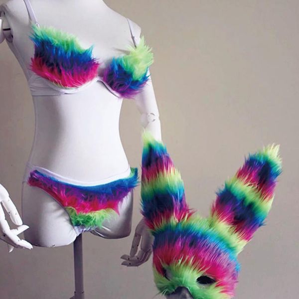 

stage wear plush bkini mask girls gogo costume singer performance nightclub carnival festival clothes vdb1997, Black;red