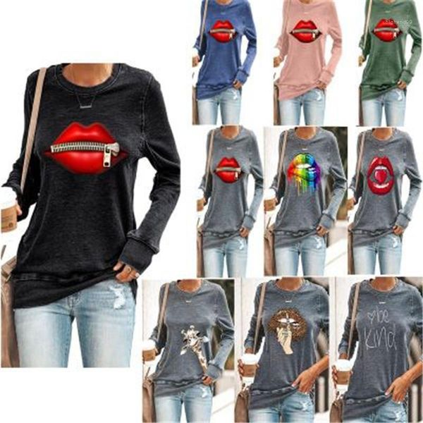 

t-shirts fashion occident trend round neck long sleeve tshirt designer female new casual loose plus size tee women lips zipper, White