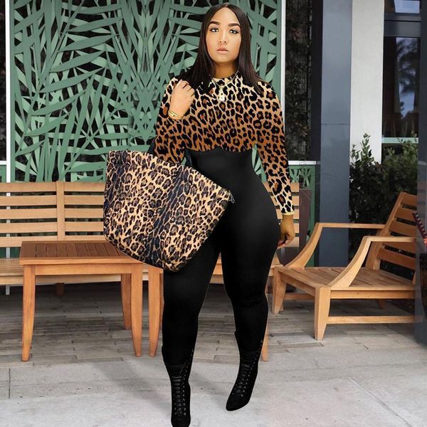 

leopard patchwork bodycon romper jumpsuit women slim skinny long sleeve romper female overalls party club jumpsuits mono, Black;white