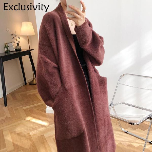 

imitation velvet coats jackets women's long section autumn and winter new loose knit sweater coat women's clothing wool blends1, Black