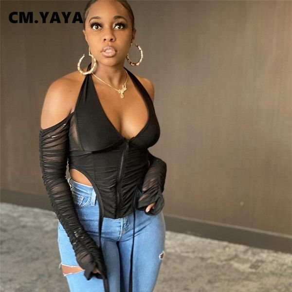 

women's t-shirt cm.yaya aumutn winter solid long sleeve fold v-neck slim fit zipper t-shirts, White