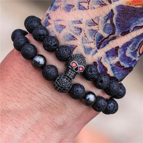 

charm bracelets 2 pcs/ set luxury micro pave zircon skull bracelet men accessories natural lava stone beads male fashion jewelry zj-02, Golden;silver