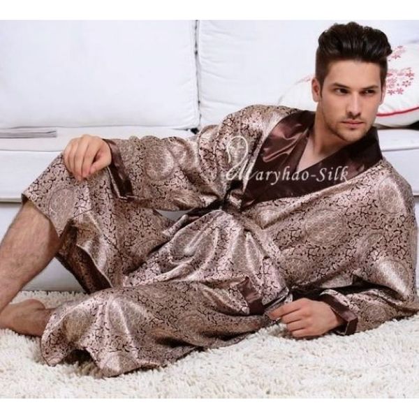 

mens silk satin pajamas pajama pyjamas pjs sleepwear robe nightgown u.s.s ~ 3xl plus size 201109, Black;brown