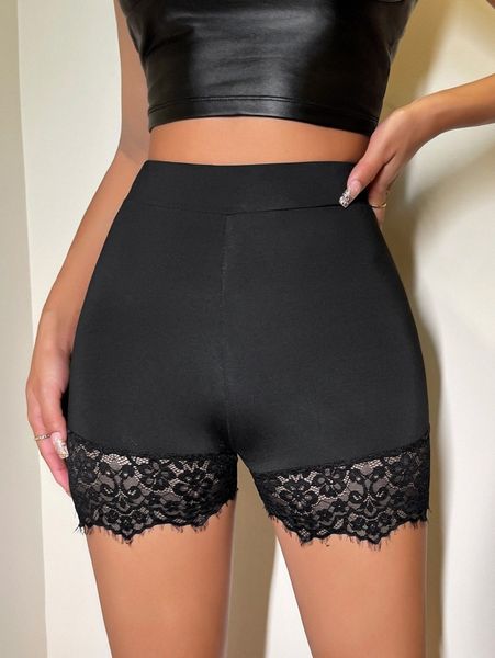

petite eyelash lace panel biker shorts q8lq#, Black