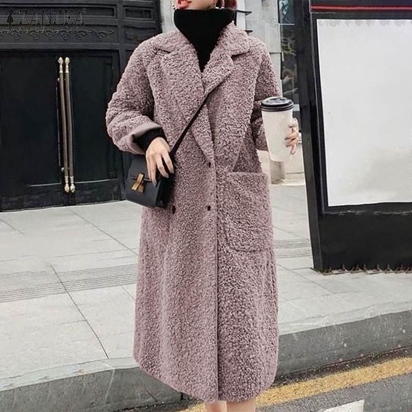 

plus size zanzea winter blend wool coats 2021 elegant office ladies outwear female double breasted lapel pockets trench coat 5xl, Black