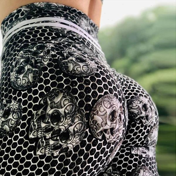 

honeycomb skull printed leggings breathable slim running fitness pants women fashion high waist sweat hip leggings, Black