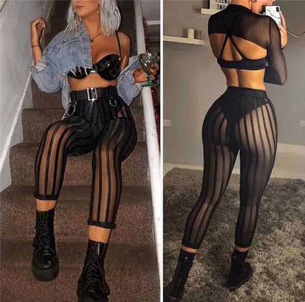 

sexy ladies женщины mesh sheer see through полосатые гетры брюки высокой талией bodycon брюнет perspective legging брюки, Black
