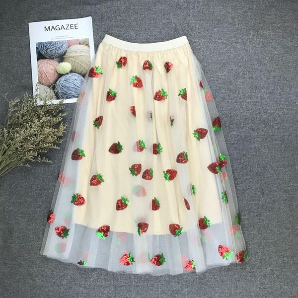 

skirts voile sequins a line skirt female strawberry sweet long chic mid calf for women designer, Black