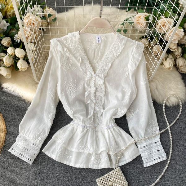

women's blouses & shirts autumn 2021 lady's shirt 3d embroidery slim long sleeve blouse women v neck ruffle fashion elegant h997, White