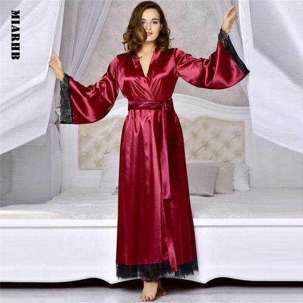 

sunwomen robes 2019 new long silk kimono dressing gown bath robe babydoll lingerie nightdress 3l301, Black;red