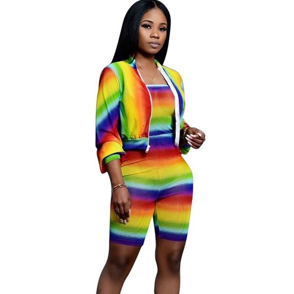 

autumn winter rainbow print two piece set women's tracksuit long sleeve short jackets and playsuits jumpsuit shorts sweat suits, Gray