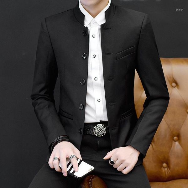

chinese style stand collar long sleeve mens slim fit fashion blazer single breasted tunic blazers jacket 4xl men's clothing1, White;black