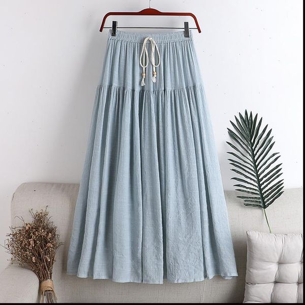 

bowtie lace up women skirts cotton linen high waist slim a line pleated skirt patchwork student long midi ol jupe femme, Black