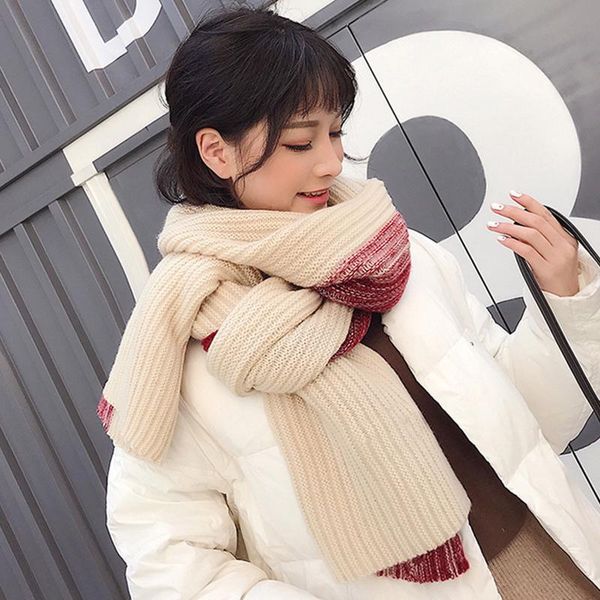 

2020 korean art pure color wool scarf female autumn and winter horizontal stripes students wild knit warm thick scarf, Blue;gray