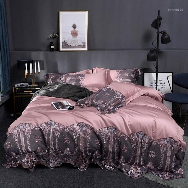 

j1 60s egyptian cotton blue brown green pink gray purple red bedding set lace duvet cover bed sheet/linen pillowcases1