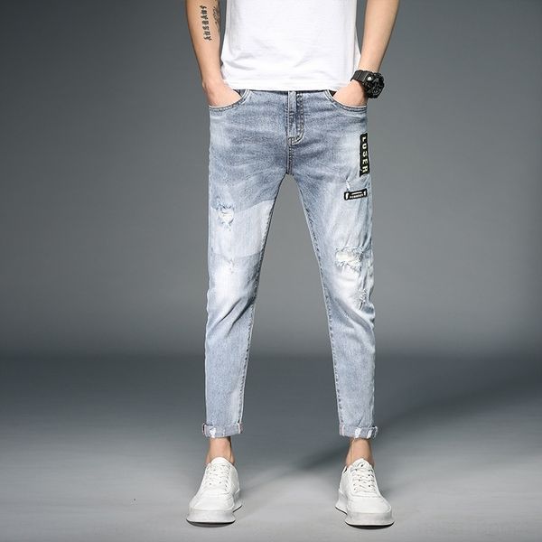 

cyyu4 summer ripped mlmxa stretch slim and style student skinny new men's korean jeans 9 pants jeans tapered casual 9-point pants denim, Blue