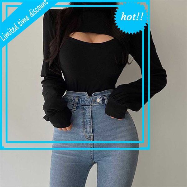 

2021 spring women long puff mouwen casual straight high collar irregular hollow bubble t-shirt streewer new, White