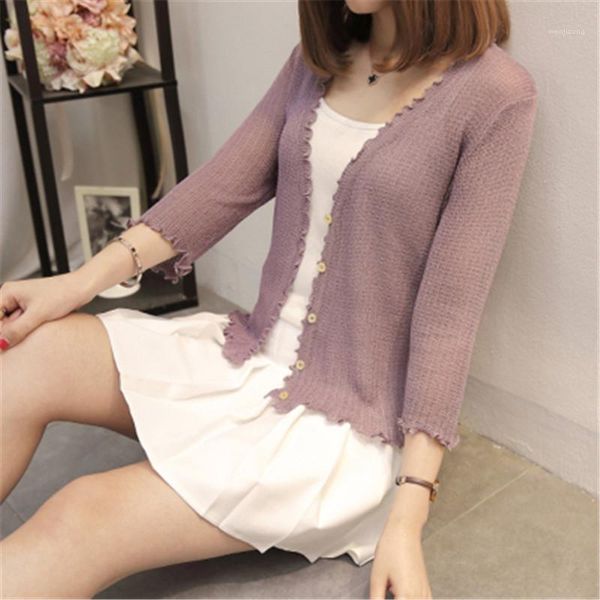 

summer short style air conditioning knitted coat spring and summer new style of pure color ice silk cardigan1, White