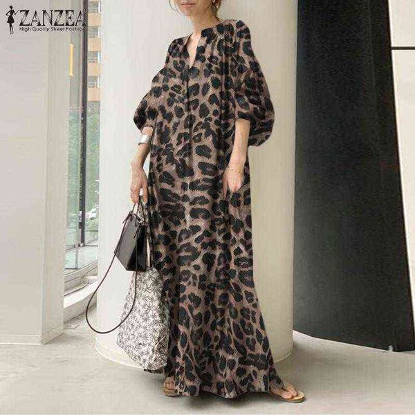 

fashion printed maxi dress women's leopard sundress 2021 zanzea spring puff sleeve long vestidos female v neck robe oversize y220214, Black;gray