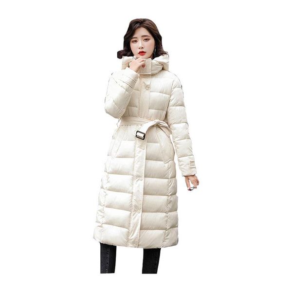 

women long winter jacket hooded belted windproof down jacket oversize cotton padded parkas outwear coat, Black