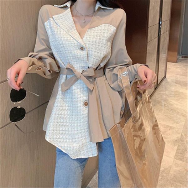 

women's mid-length jackets autumn korean style collar belt patchwork temperament females jacket fashion outwear 2021, Black;brown