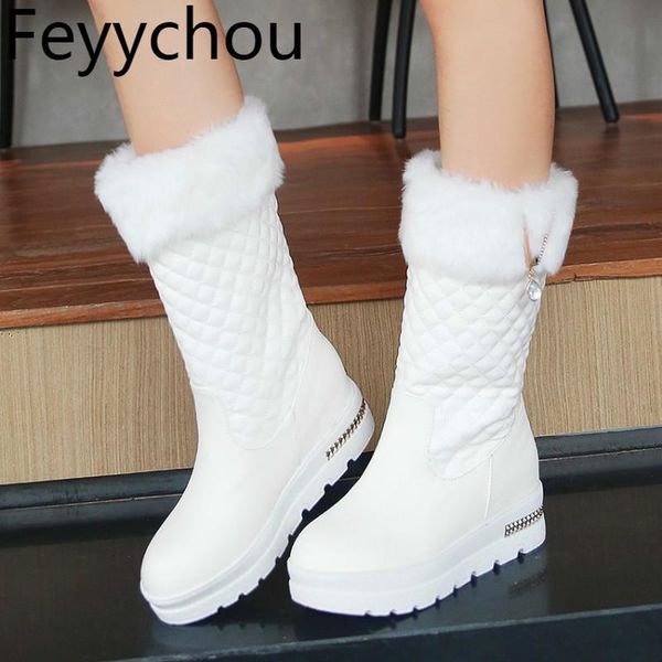 

women boots autumn winter high heel warm mid-calf pu snow boots faux fur height increasing flat 2020 fashion casual white, Black