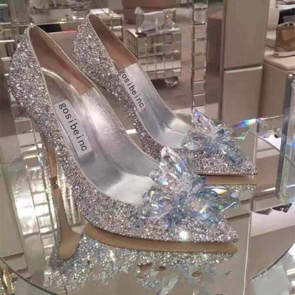 

sparkly stiletto heel crystals wedding shoes for bride beaded luxury designer heels cinderella pumps poined toe rhinestones bridal shoes, Black